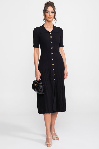 Ribbed Knit Midi Dress | Women | Peter Pan Collar | Pleated Skirt | Black | Steven & Levon