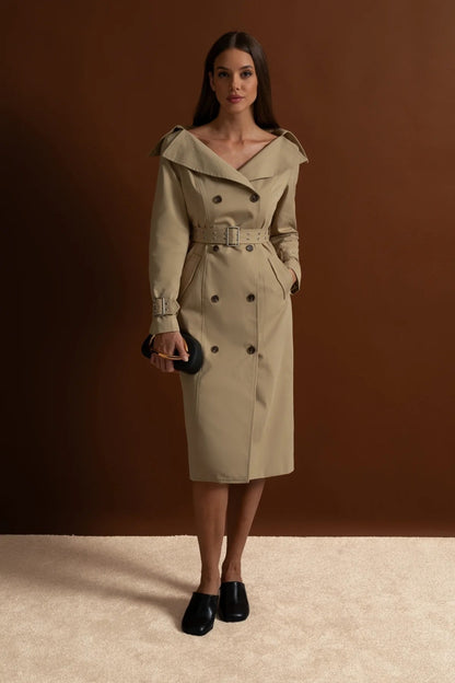 Off-Shoulder Double-Trench Coat | Women | Off-Shoulder | Double-Breasted | Belted Waist | Khaki | Steven & LevonTrench Coat Dress With Belted Waist – Brown