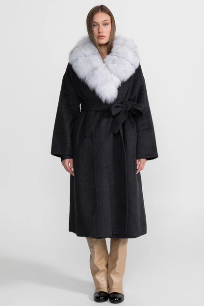 Wool Wrap Coat | Women's Wool Blend Coat | Fox Fur Collar, Tie Belt, Black & Grey Winter Outerwear | Steven & Levon