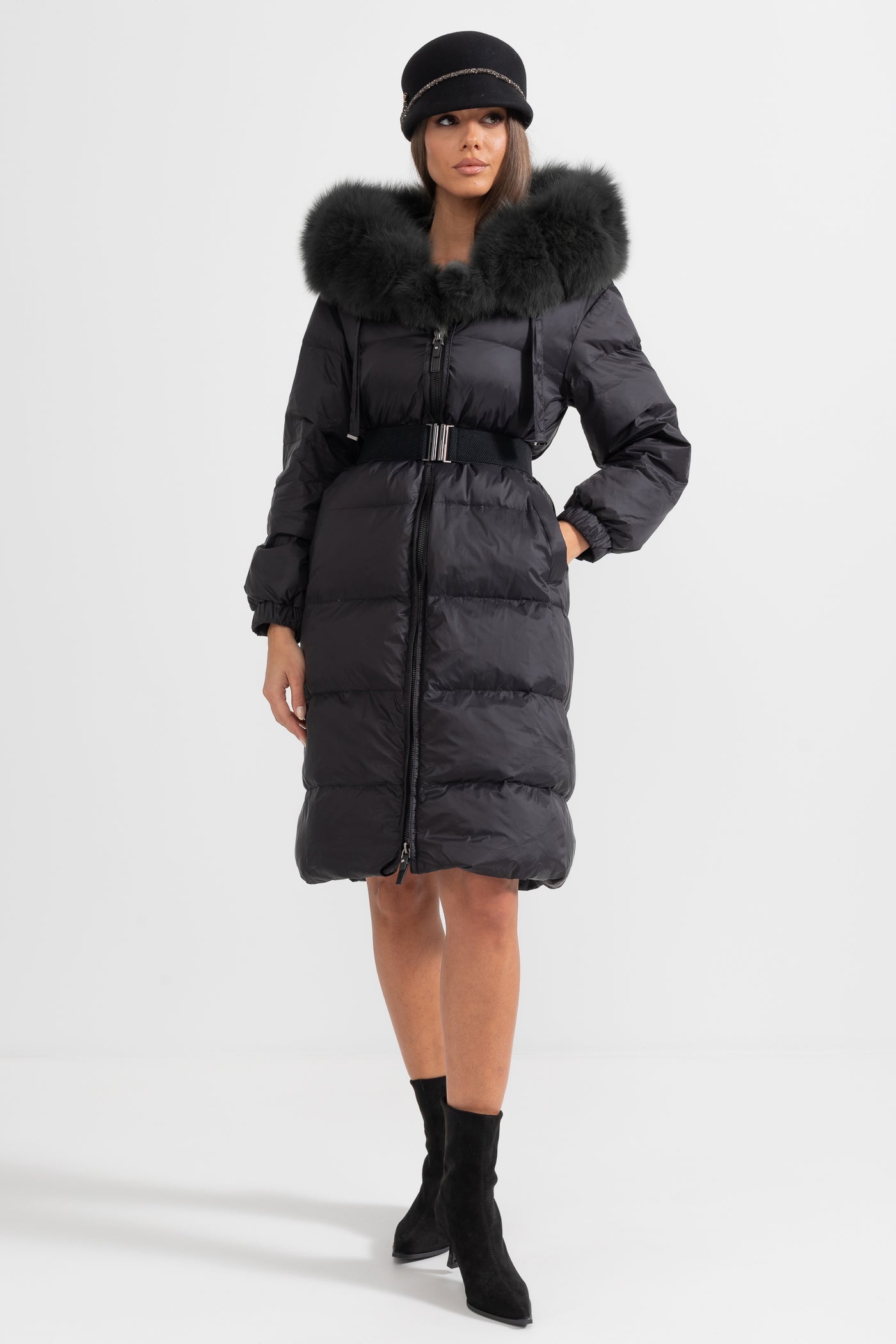 Long Puffer Jacket | Women's Quilted Puffer Coat | Black Fur-Lined Hood, Insulated Winter Outerwear | Steven & Levon