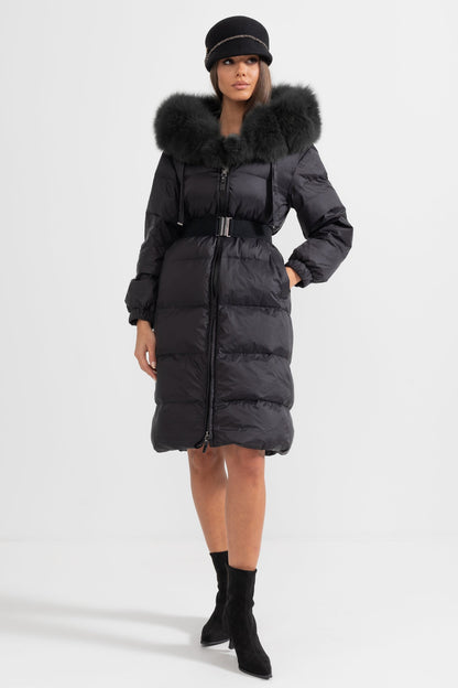 Long Puffer Jacket | Women's Quilted Puffer Coat | Black Fur-Lined Hood, Insulated Winter Outerwear | Steven & Levon