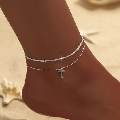 Double Anklet | Women | Silver & Gold Tone | Layered Chain Design | Adjustable Ankle Bracelet | Steven & Levon