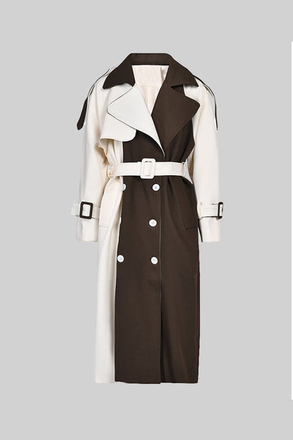 Women's Double-Breasted Trench Coat | Cotton Blend | Belted Waist, Mid-Calf Colorblock Outerwear | Steven & Levon