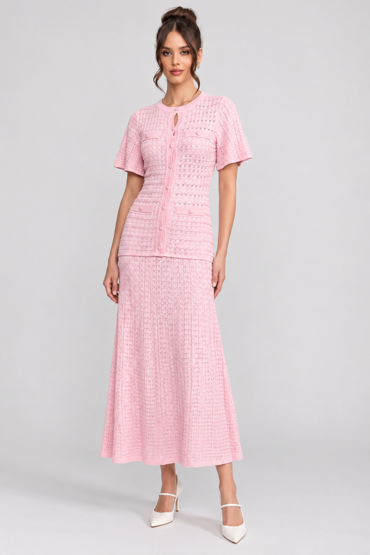 Short Sleeve Midi Dress | Women | Shimmer Knit Texture | Pink | Lightweight Elegant Dress | Steven & Levon