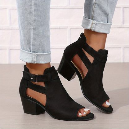 Elegant Peep-Toe Block Heel Sandals | Buckle Ankle Strap & Cut-Out Design | Steven & Levon