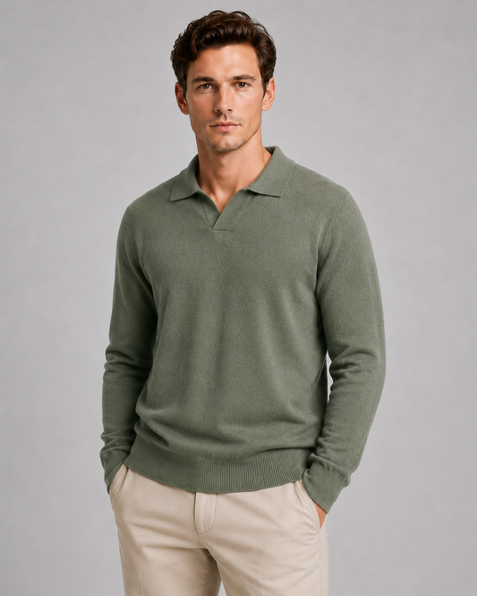 Men's Open Collar Knitted Polo | Long Sleeve | Soft Knit | Smart Casual Sweater | Steven & Levon