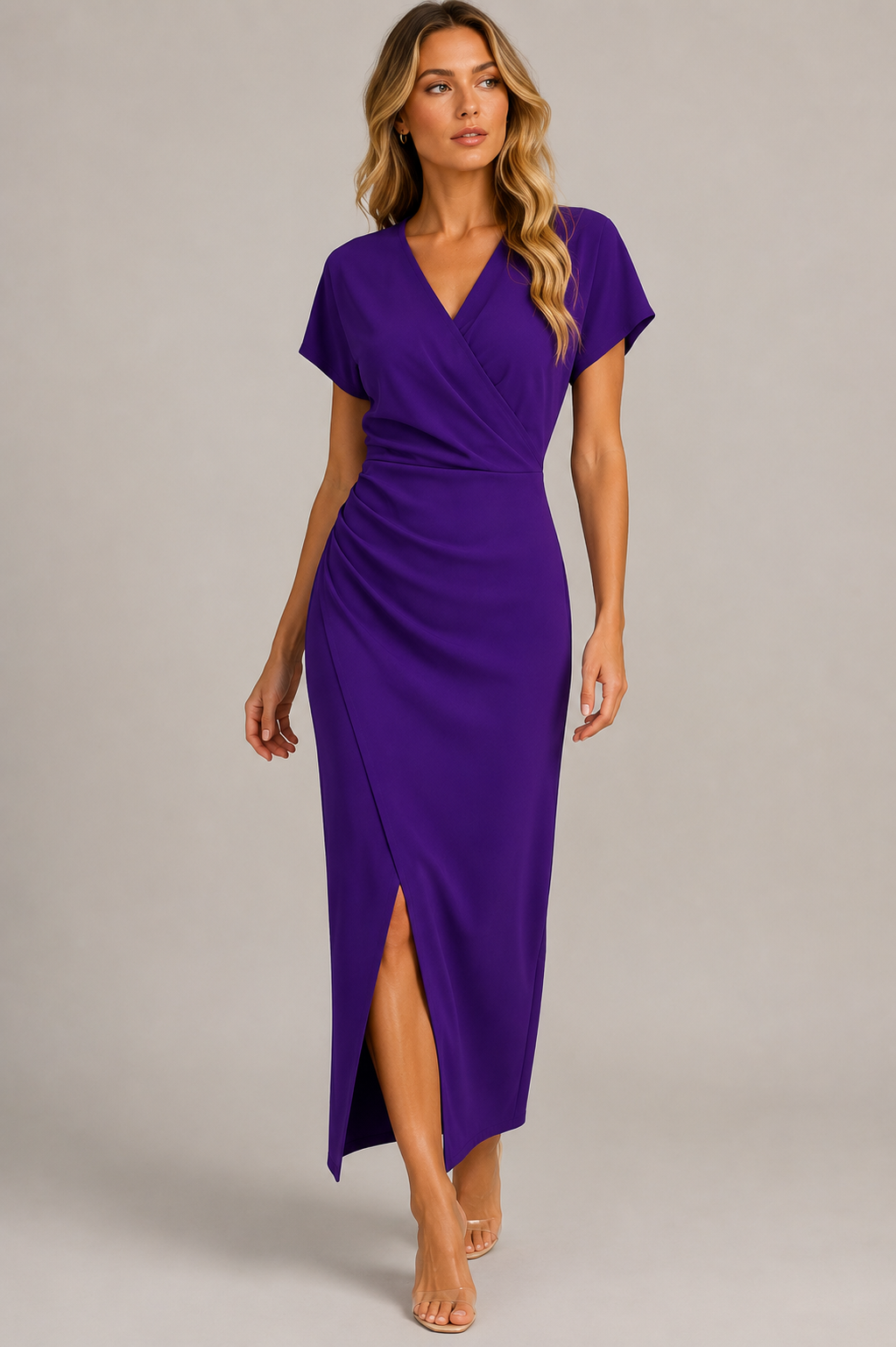 Formal Summer Maxi Dress | Women | Wrap V-Neck Side Slit Short Sleeve | Steven & Levon
