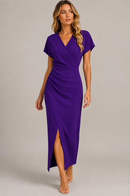 Formal Summer Maxi Dress | Women | Wrap V-Neck Side Slit Short Sleeve | Steven & Levon
