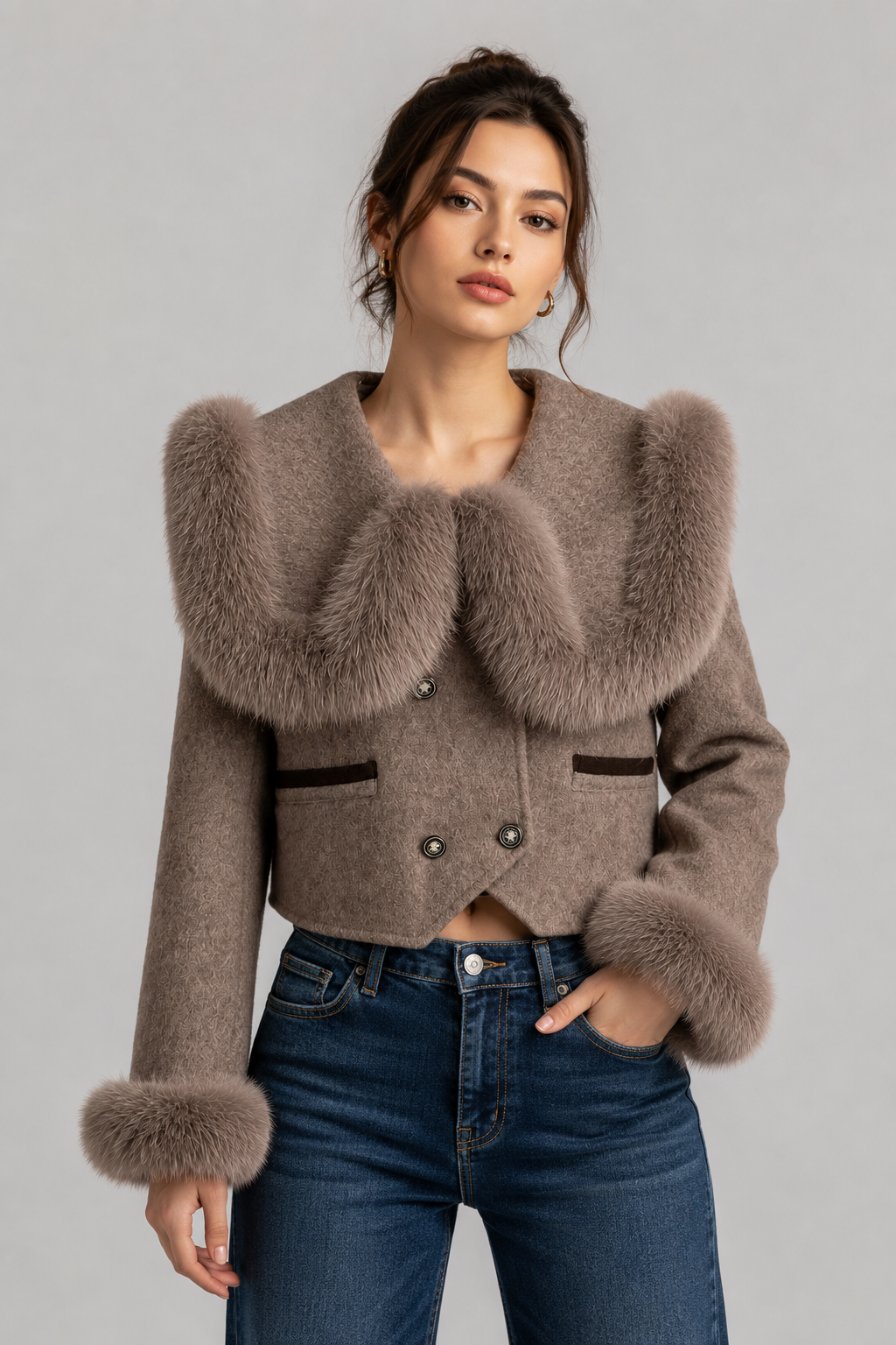 Women's Double Breasted Cropped Jacket | Fox Fur Collar | Brown Wool Blend Coat | Steven & Levon