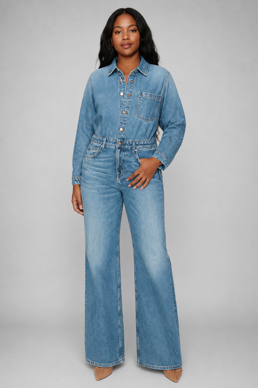 Women's Denim Jumpsuit | Straight Leg | Long Sleeve | Button Front | Casual Utility Style | Steven & Levon