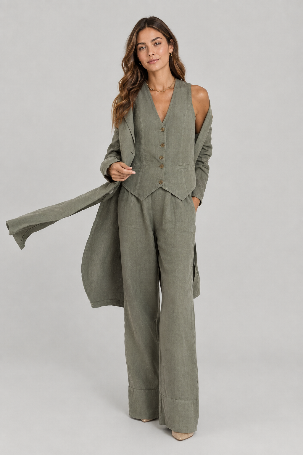 Linen 2-Piece Set | Women | Linen | Wide-Leg Trousers | Button Vest | Steven & Levon