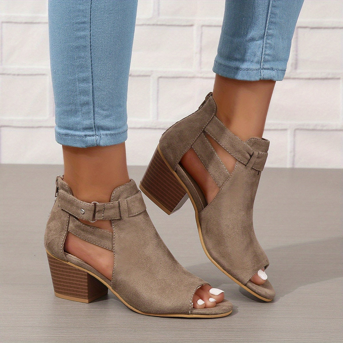 Elegant Peep-Toe Block Heel Sandals | Buckle Ankle Strap & Cut-Out Design | Steven & Levon