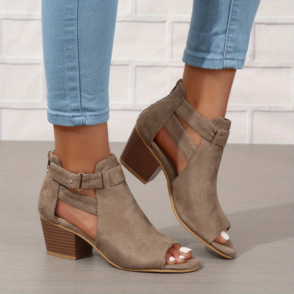 Elegant Peep-Toe Block Heel Sandals | Buckle Ankle Strap & Cut-Out Design | Steven & Levon