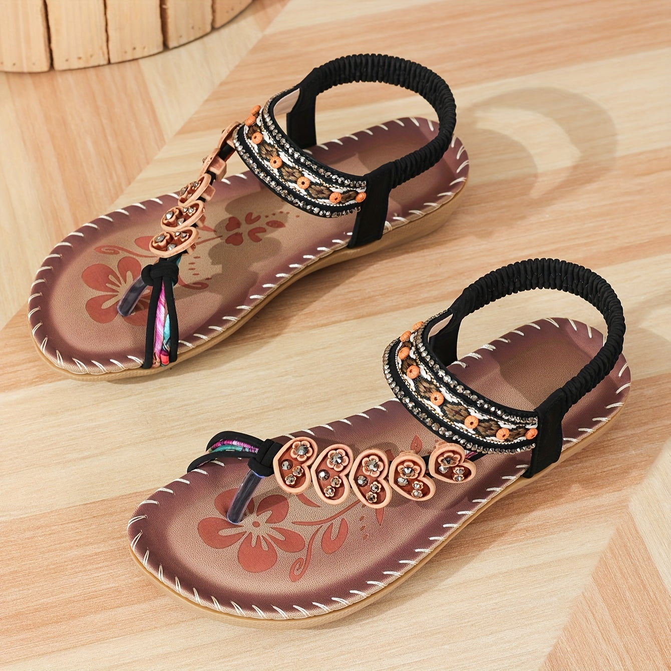 Elegant Beaded Toe Post Sandals | Women | Adjustable Ankle Strap | Beaded T-Bar Buckle Design | Summer Holiday Sandals | Steven & Levon