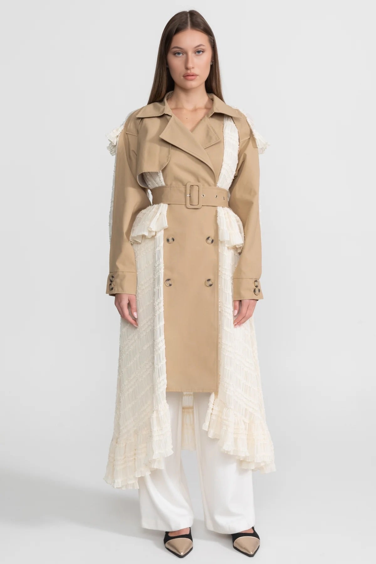 Women's Longline Lace Panel Trench Coat | Beige | Belted Waist | Elegant Overcoat | Steven & Levon