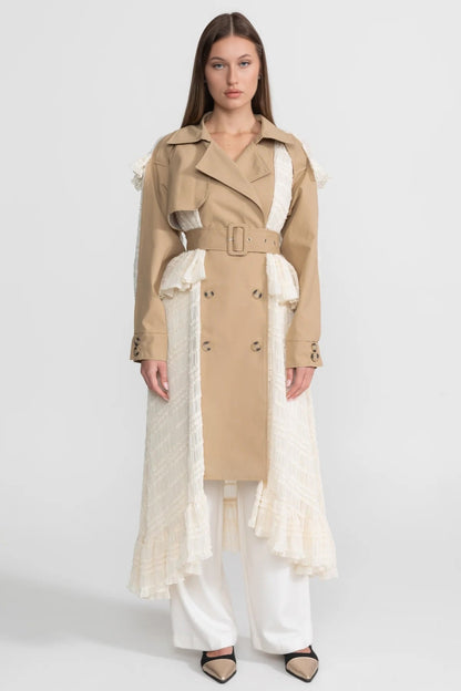 Women's Longline Lace Panel Trench Coat | Beige | Belted Waist | Elegant Overcoat | Steven & Levon