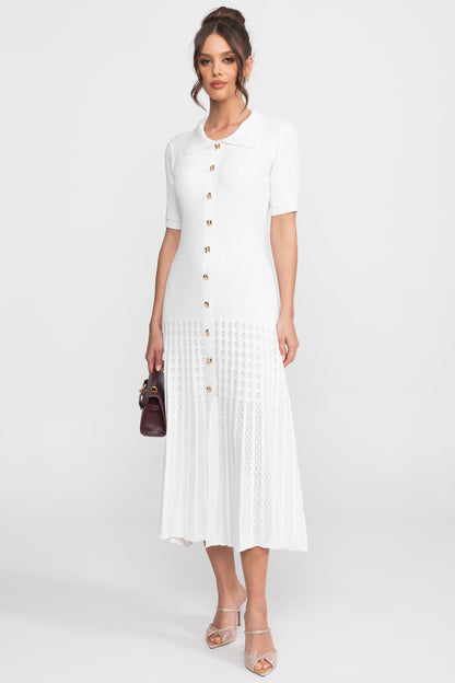 Ribbed Knit Midi Dress | Women | Peter Pan Collar | Pleated Skirt | White | Steven & Levon
