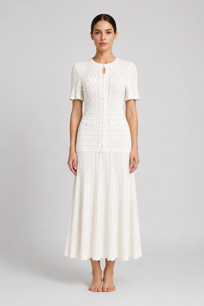 Short Sleeve Midi Dress | Women | Shimmer Knit Texture | White | Lightweight Elegant Dress | Steven & Levon