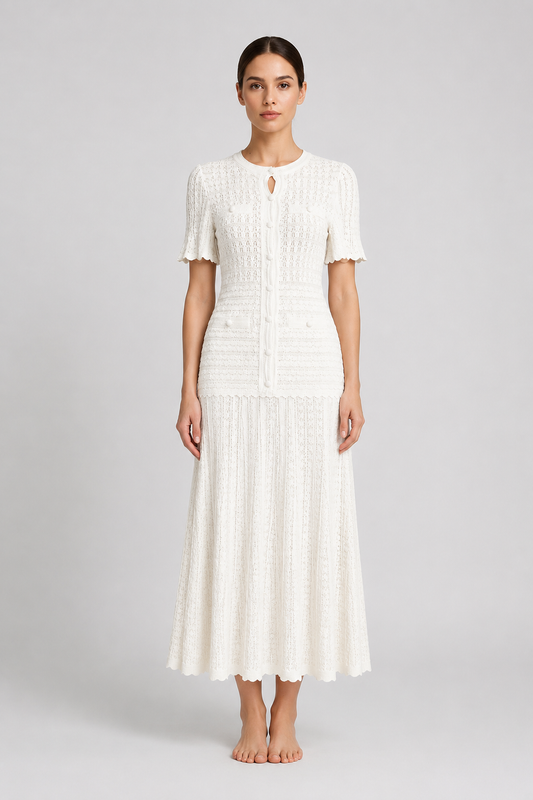 Short Sleeve Midi Dress | Women | Shimmer Knit Texture | White | Lightweight Elegant Dress | Steven & Levon