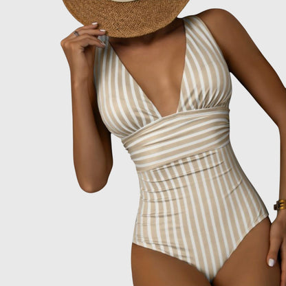 Striped One-Piece Swimsuit | Women | Nylon & Spandex Blend | V-Neck Stretch Fit Swimwear | Steven & Levon