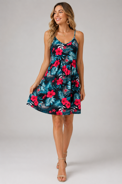 Mini Dress | Women's Floral Square Neck Spaghetti Strap Dress | A-Line | Steven & Levon