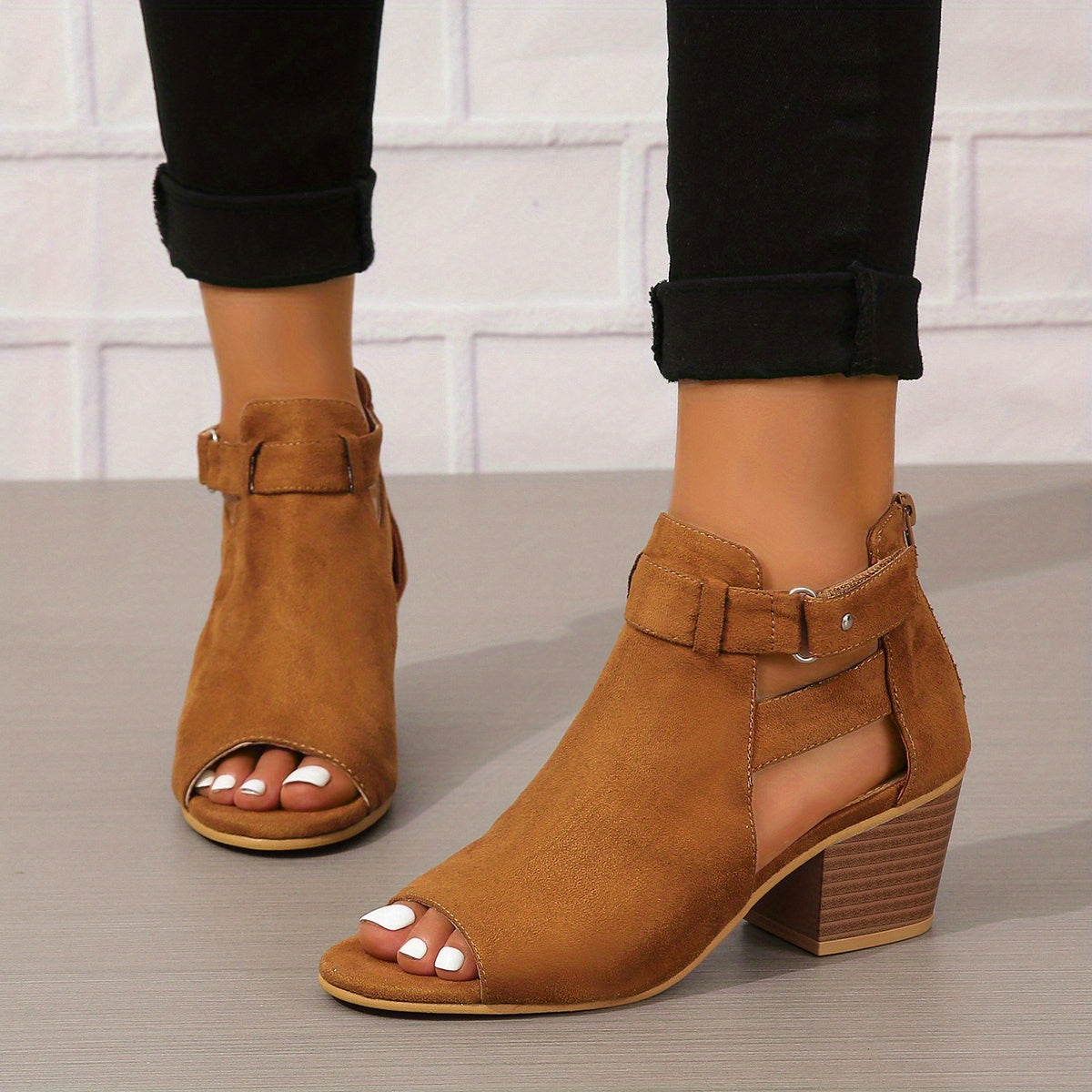 Elegant Peep-Toe Block Heel Sandals | Buckle Ankle Strap & Cut-Out Design | Steven & Levon