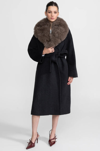 Women's Wool Wrap Coat | Fox Fur Collar | Tie Belt | Black Brown Winter Coat | Steven & Levon