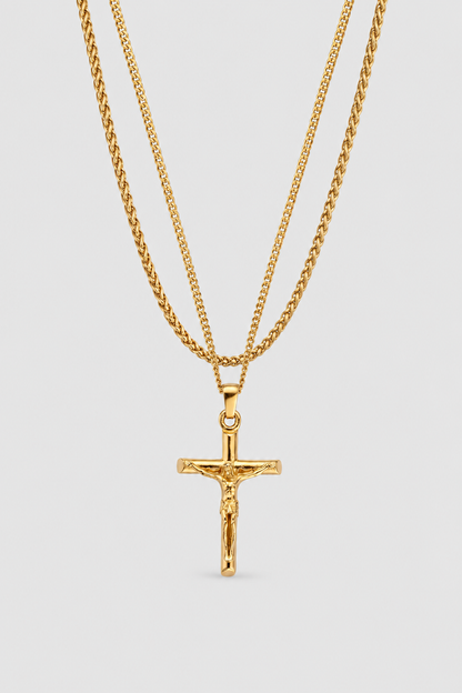 Gold Crucifix Pendant Set | Men | Stainless Steel | Religious Design | Necklace Set | Steven & Levon