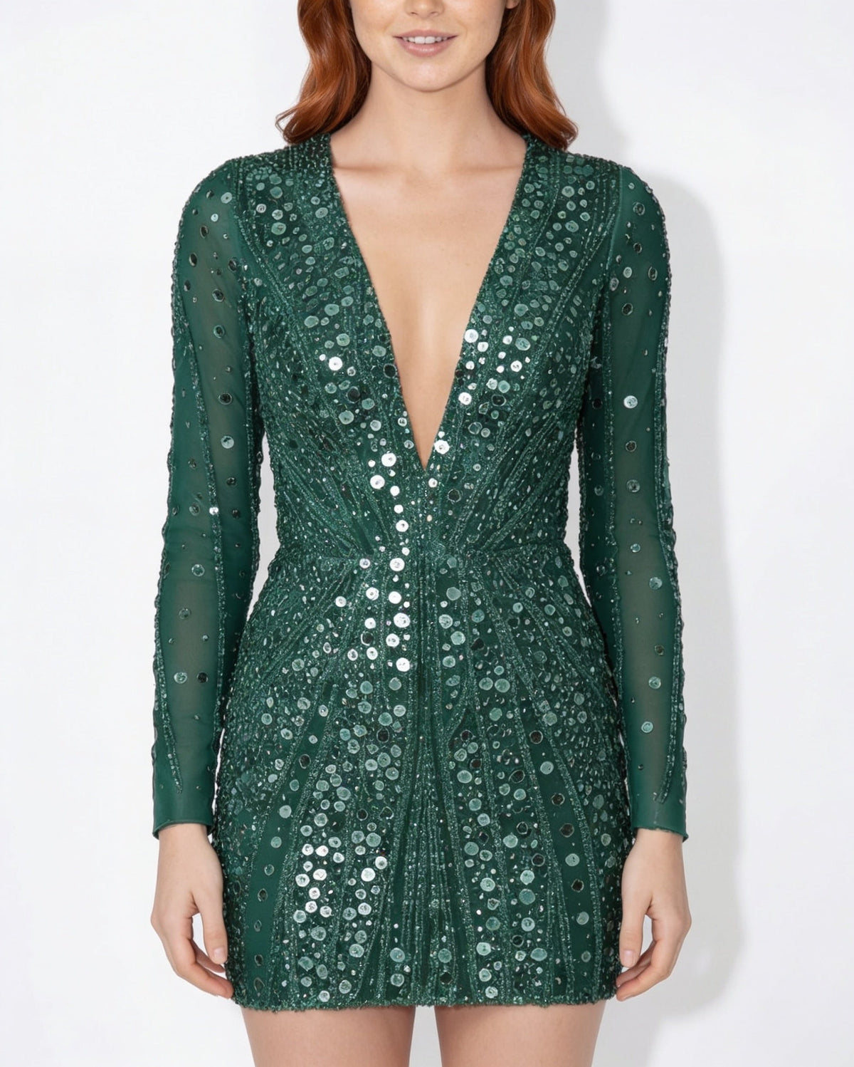 Women's Embellished Plunge Mini Dress | Long Sleeve Party Style | Steven & Levon