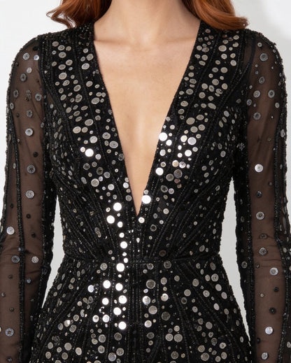 Women's Embellished Plunge Mini Dress | Long Sleeve Party Style | Steven & Levon