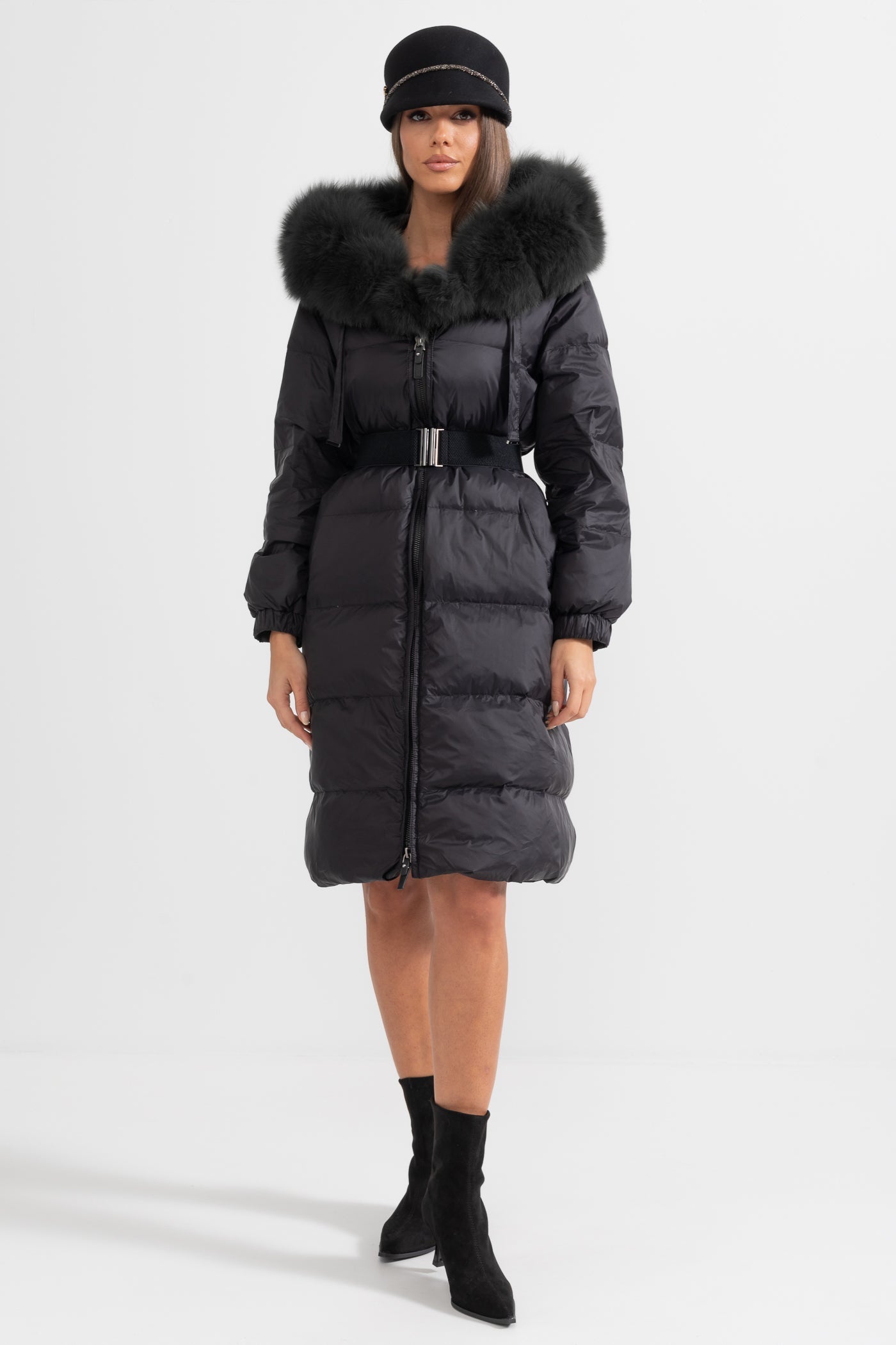 Long Puffer Jacket | Women's Quilted Puffer Coat | Black Fur-Lined Hood, Insulated Winter Outerwear | Steven & Levon