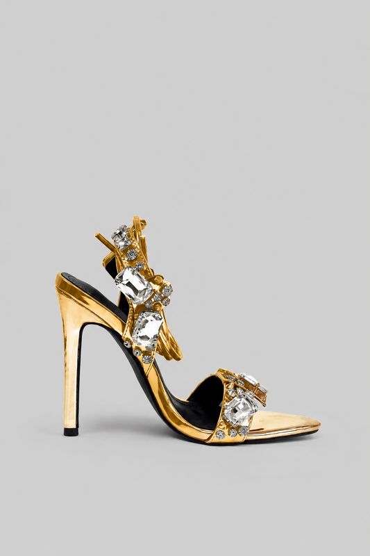 Leather Rhinestone High Heels | Women | Pointed Toe | Gold | Party & Evening Shoes | Steven & Levon