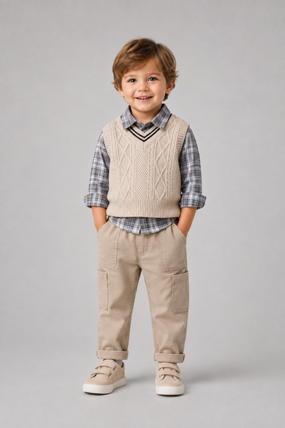 Baby Boys 3-Piece Outfit Set | Plaid Shirt | Knit Vest | Cotton Pants | Casual | Steven & Levon