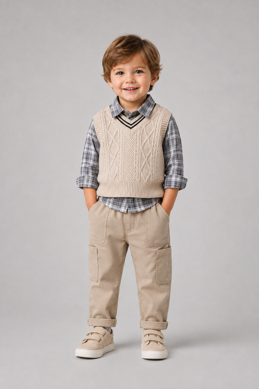 Baby Boys 3-Piece Outfit Set | Plaid Shirt | Knit Vest | Cotton Pants | Casual | Steven & Levon