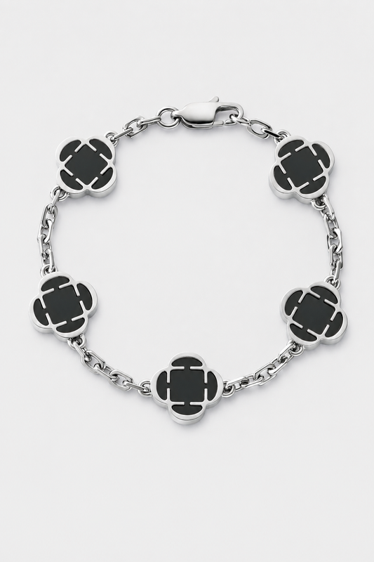 Clover Onyx Bracelet | Men | Stainless Steel | Silver & Gold | Onyx Stone | Clover Design | Steven & Levon
