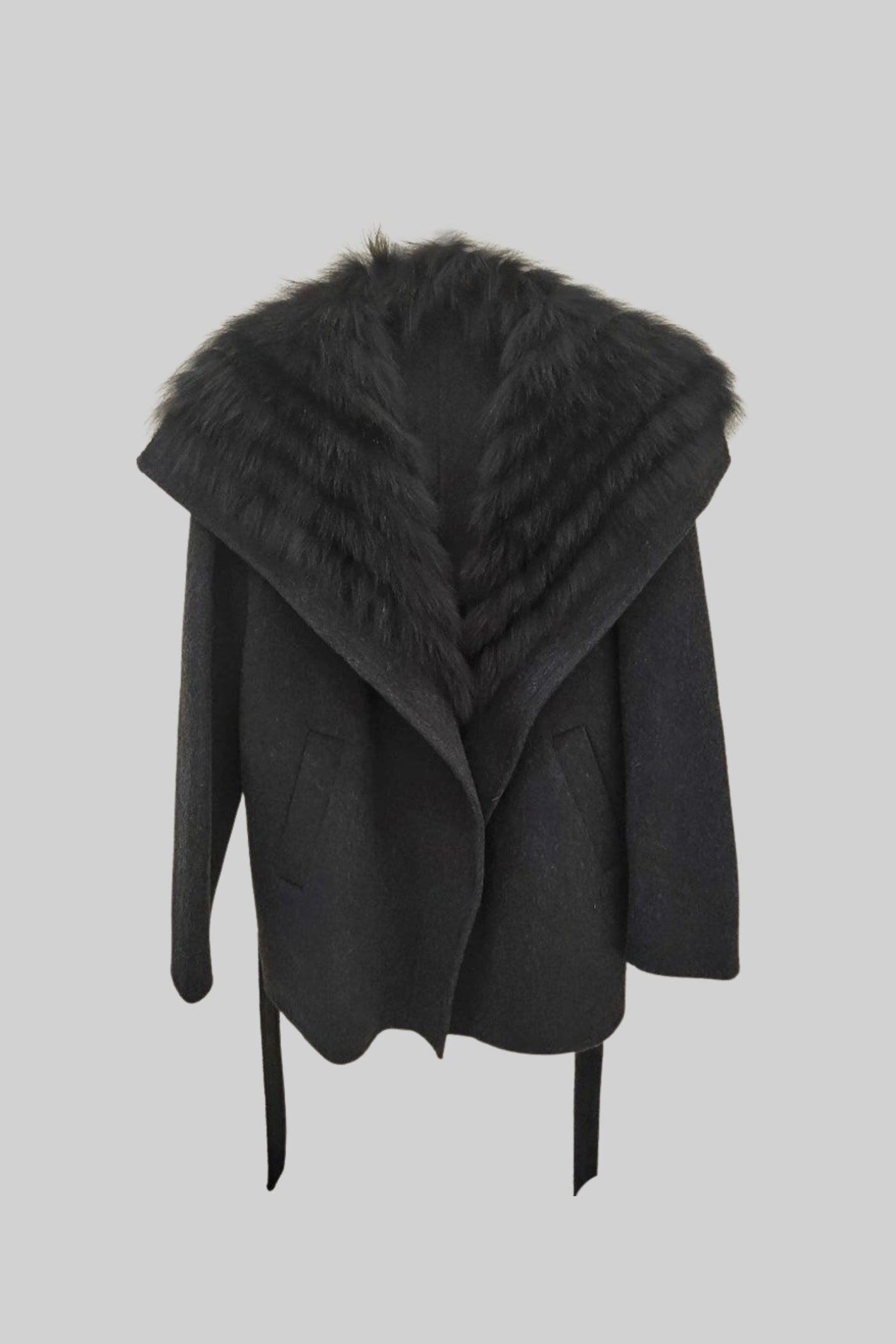 Women's Wool Coat | Oversized Fur Collar | Belted Black Winter Overcoat | Steven & Levon