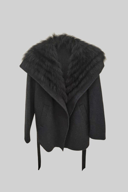 Women's Wool Coat | Oversized Fur Collar | Belted Black Winter Overcoat | Steven & Levon