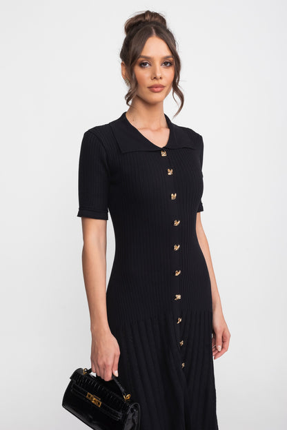 Ribbed Knit Midi Dress | Women | Peter Pan Collar | Pleated Skirt | Black | Steven & Levon