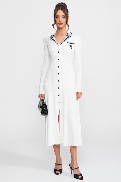 Long Sleeve Knit Midi Dress | Women | Polo Collar | Monogram Patch | White | Steven & Levon