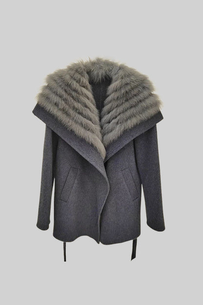 Women's Wool Coat | Oversized Fur Collar | Belted Grey Winter Overcoat | Steven & Levon