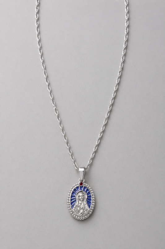 Enamel Virgin Mary Pendant | Men | Silver Stainless Steel | Religious Jewellery | Steven & Levon