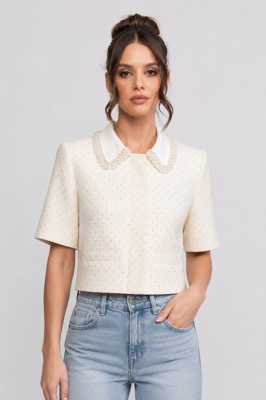 Short Sleeve Tweed Cropped Jacket | Women | Crystal Collar | Embellished | Ivoire | Steven & Levon