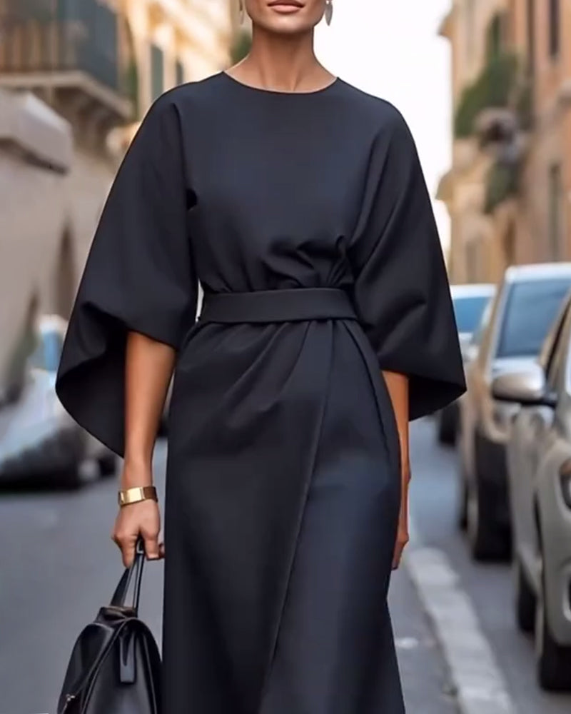 Elegant Belted Cape Sleeve Dress | Women’s Midi Occasion Dress | Steven & Levon