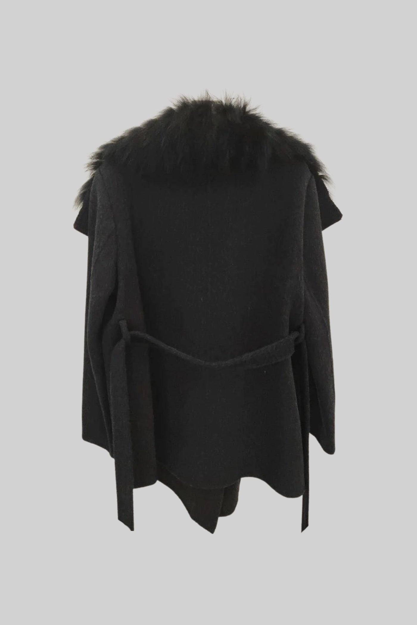 Women's Wool Coat | Oversized Fur Collar | Belted Black Winter Overcoat | Steven & Levon