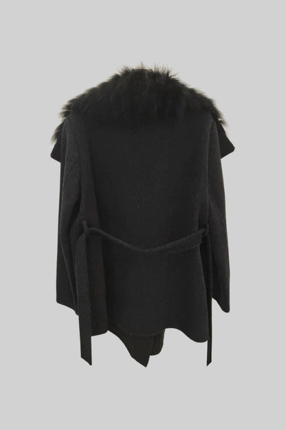 Women's Wool Coat | Oversized Fur Collar | Belted Black Winter Overcoat | Steven & Levon