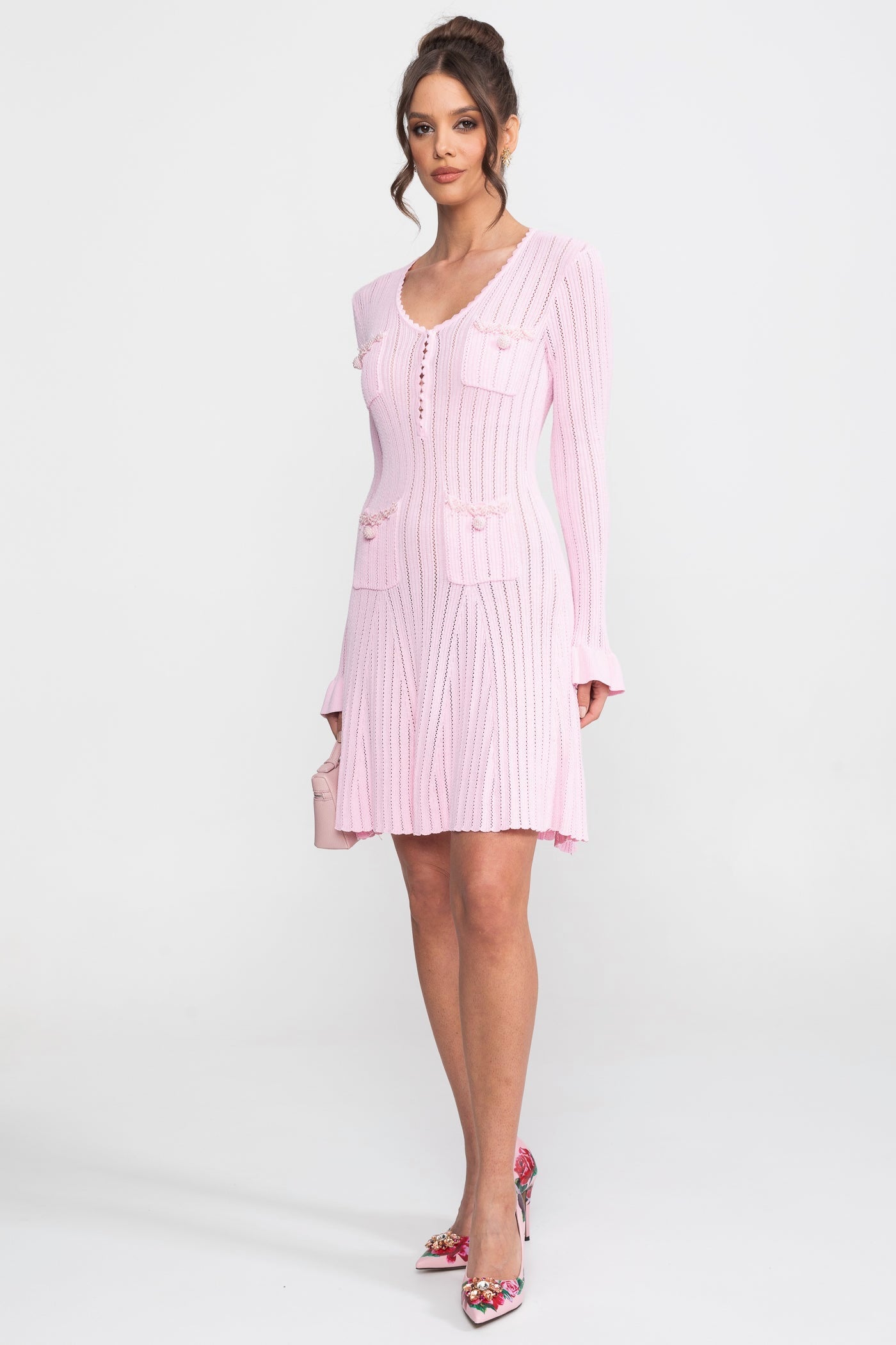 Open Knit Mini Dress | Women | Scallop Neck | Ruffle Cuffs | Pink | Steven & Levon