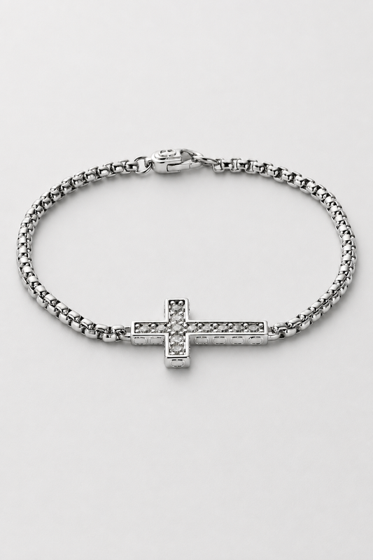 Iced Cross Bracelet | Men | Stainless Steel | Silver | Crystal Cross Design | Steven & Levon