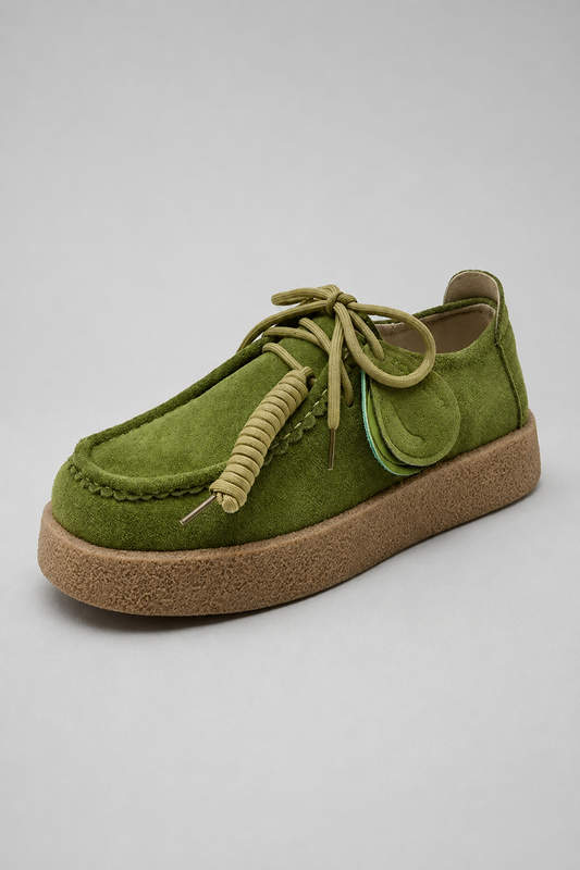 Suede Loafers | Women | Genuine Leather | Lace-Up | British Style | Army Green | Steven & Levon