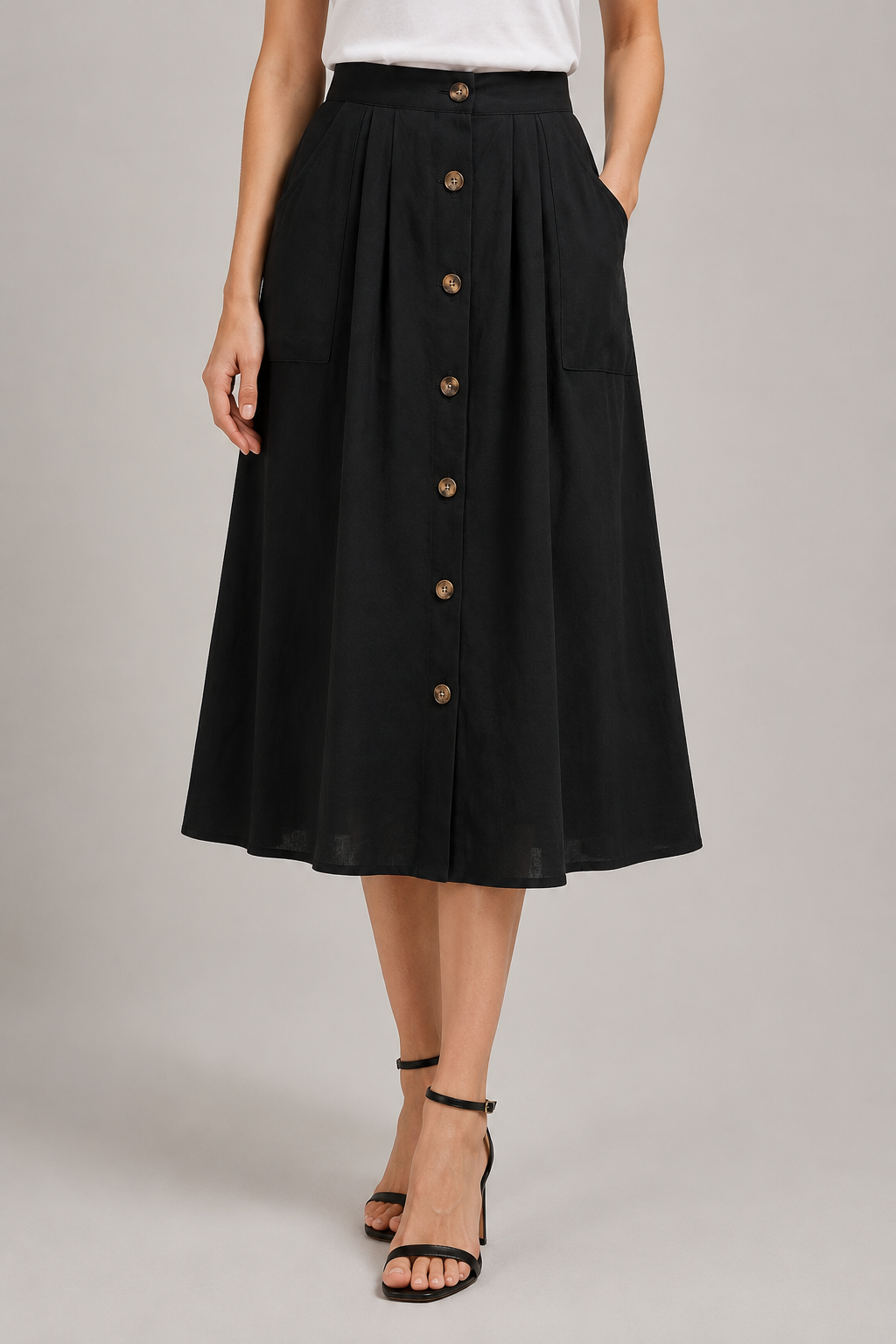 Button Front Midi Skirt | Women | Button-Front | Pockets | A-Line Everyday Skirt | Steven & Levon