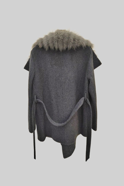 Women's Wool Coat | Oversized Fur Collar | Belted Grey Winter Overcoat | Steven & Levon